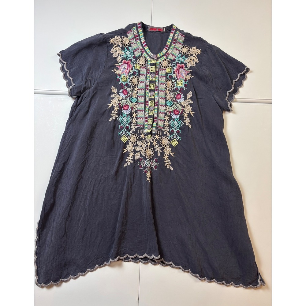 Johnny Was Liviana Embroidered Short-Sleeve Tunic Women PXS‎ Gray Cupra Rayon